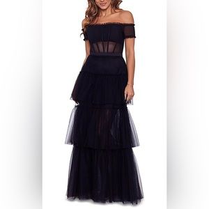 Betsy & Adam Women’s Off-The-Shoulder Tiered Evening Dress / Gown - " Kai “